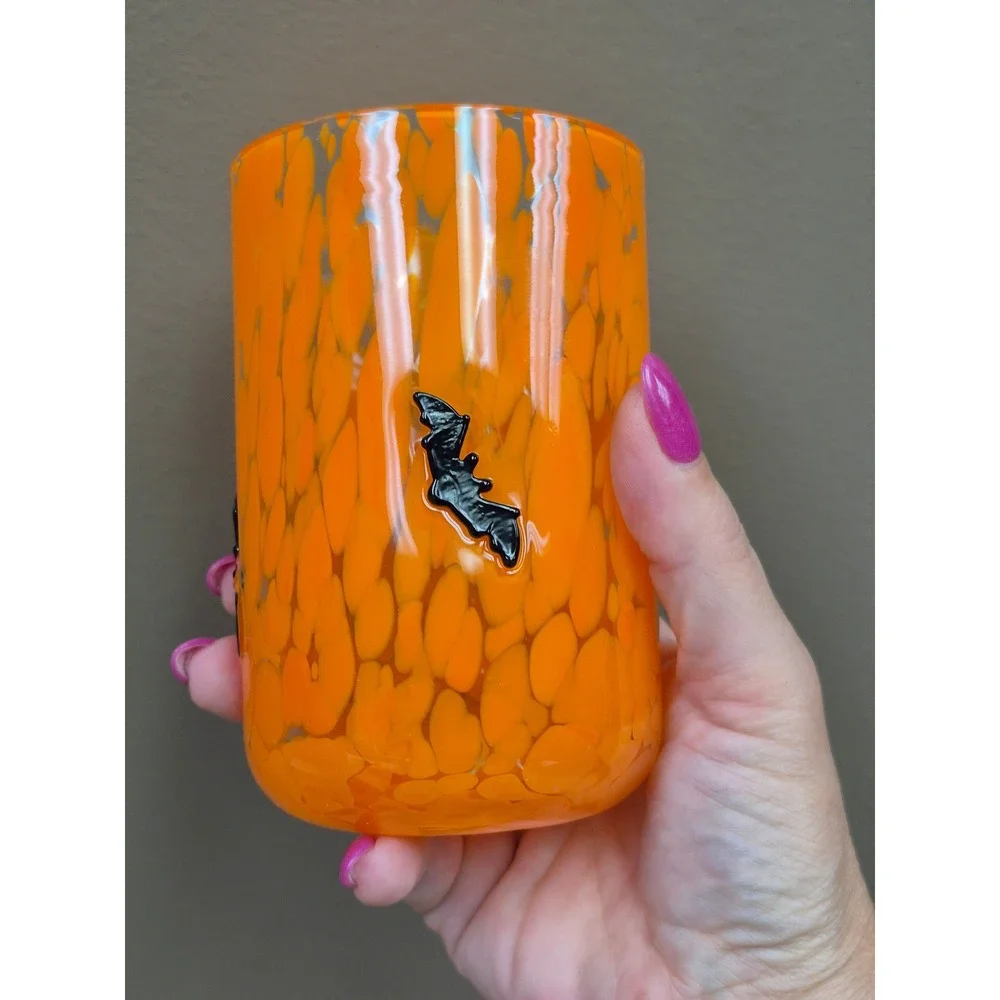Halloween Hand Blown Confetti Art Glass Tumblers Frankenstein Bat Set of 3 Decor